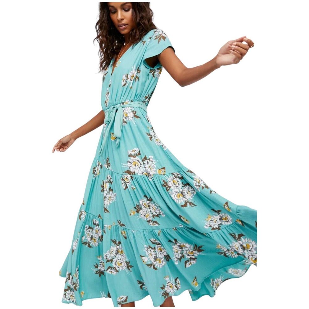 Free People All I Got Maxi Dress Torquiose Floral Womens Size 0 Floral Tie Waist